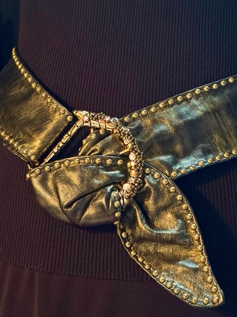 New Leather Metallic Gold Studded snd Swarovski Encrusted Knot Belt-